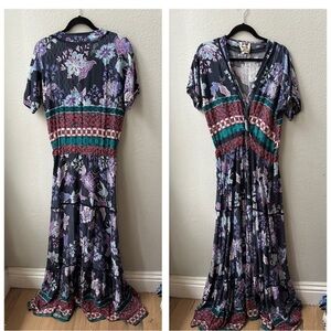JAASE Anthropologie Blue floral Boho Maxi V Neck Dress womens M